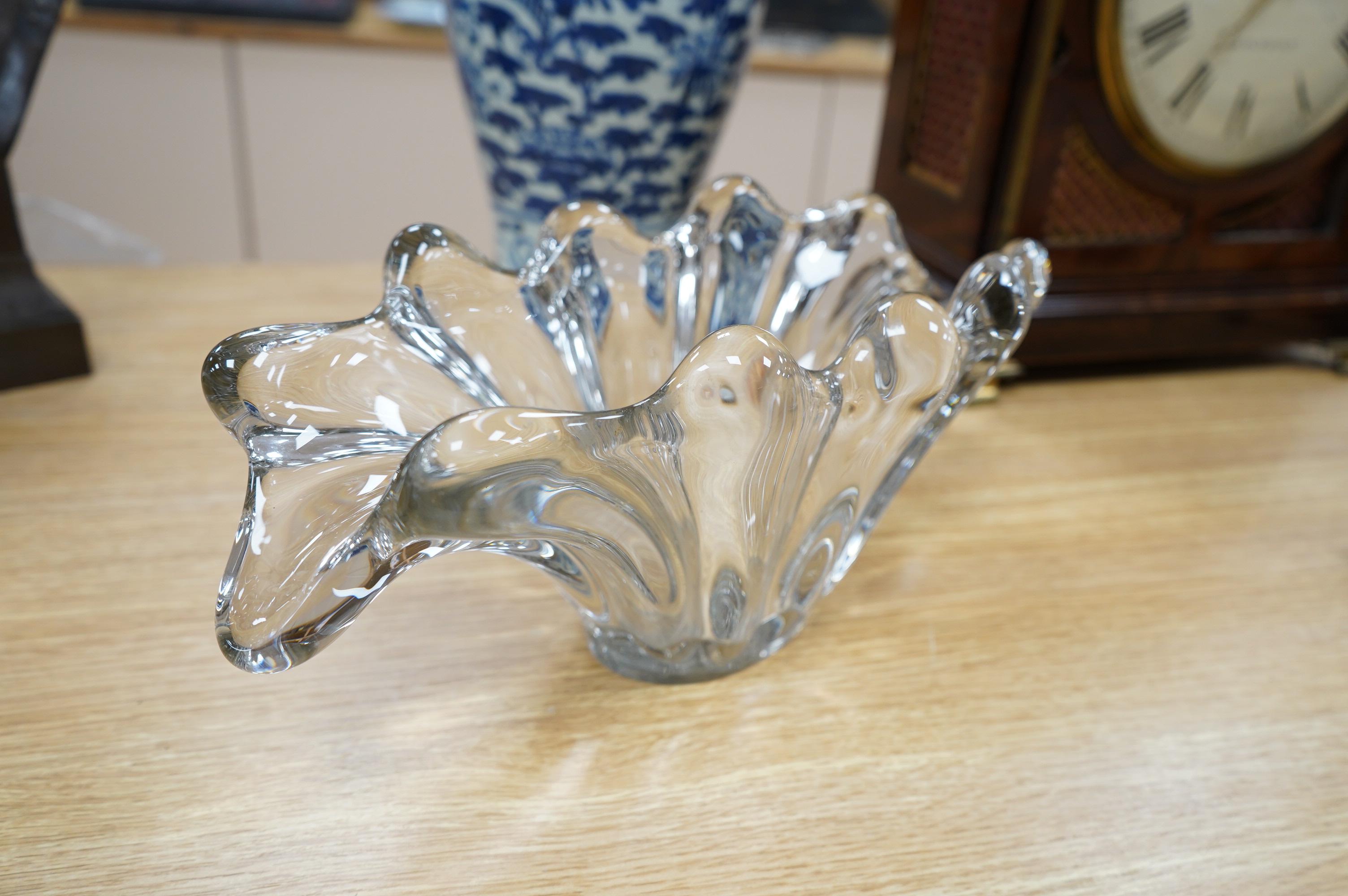 Two 1950's French clear art glass vases, 19.5cm. Condition - good